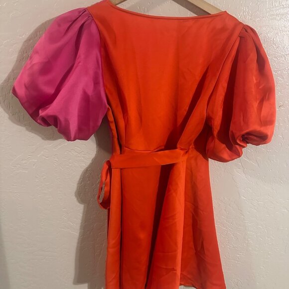 Officiallyquigley X The Drop Color Block Orange & Pink Puffy Sleeve Mini Dress - Picture 13 of 13